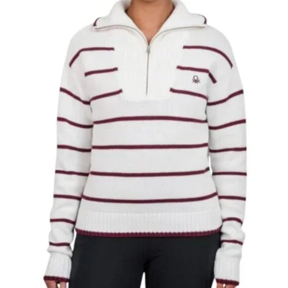 United Colors Of Benetton Sweater Off White Red Striped Turtleneck 1/4 Zip Sz M - Picture 1 of 15